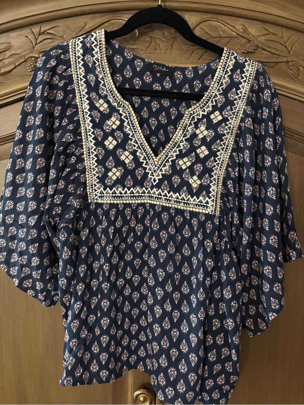 RD & Koko Navy Embroidered V-Neck Peasant Blouse